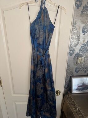 Aakaa Blue Floral Halter Maxi romper with Tie Waist